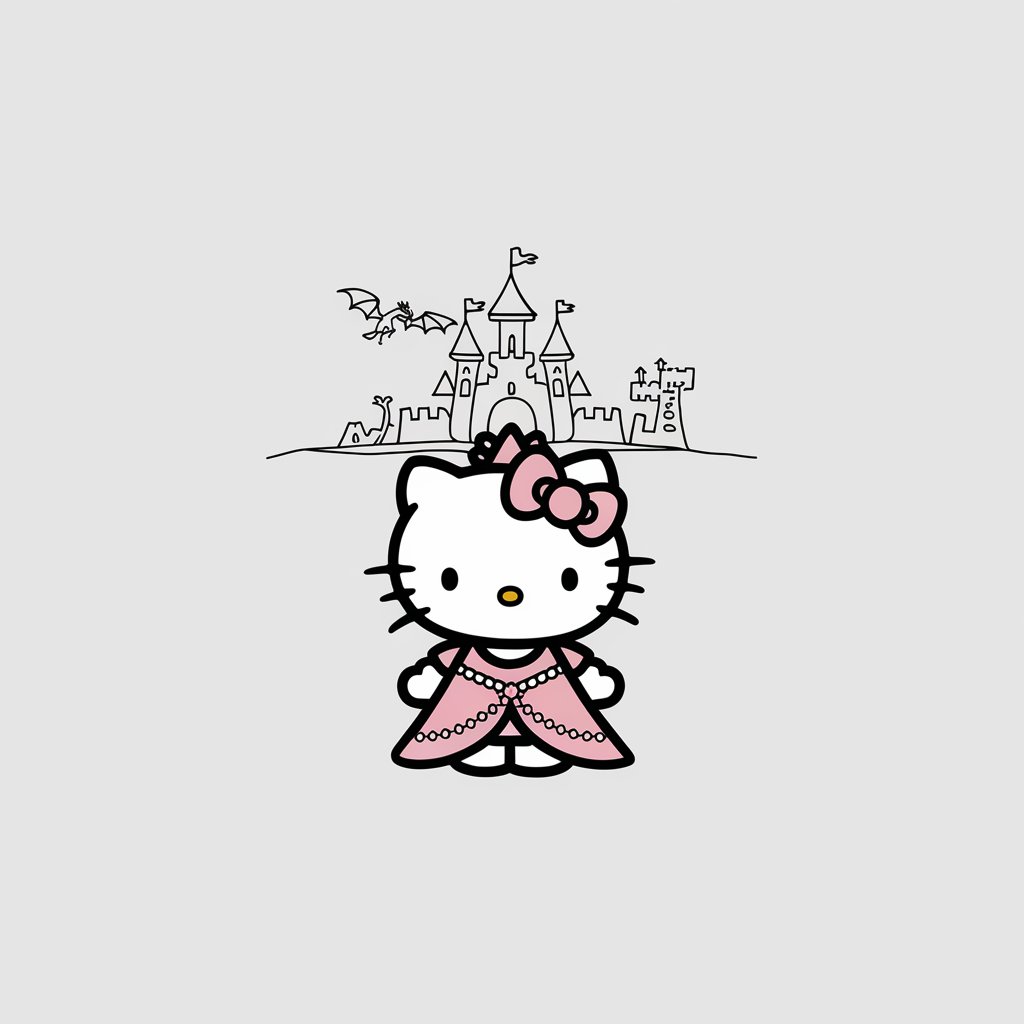 A minimalist, plain white background illustration of Hello Kitty as a princess in a fairytale. She is drawn in a simplistic style, wearing a tiara and gown, standing in front of a castle with a dragon in the distance for an enchanting touch.