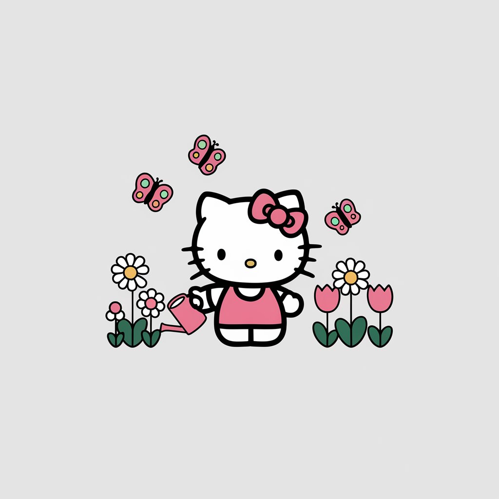 A minimalist illustration of Hello Kitty on a plain white background. She is surrounded by vibrant flowers, including daisies and tulips. She is holding a small watering can. Butterflies are fluttering nearby, adding a lively and cheerful atmosphere.