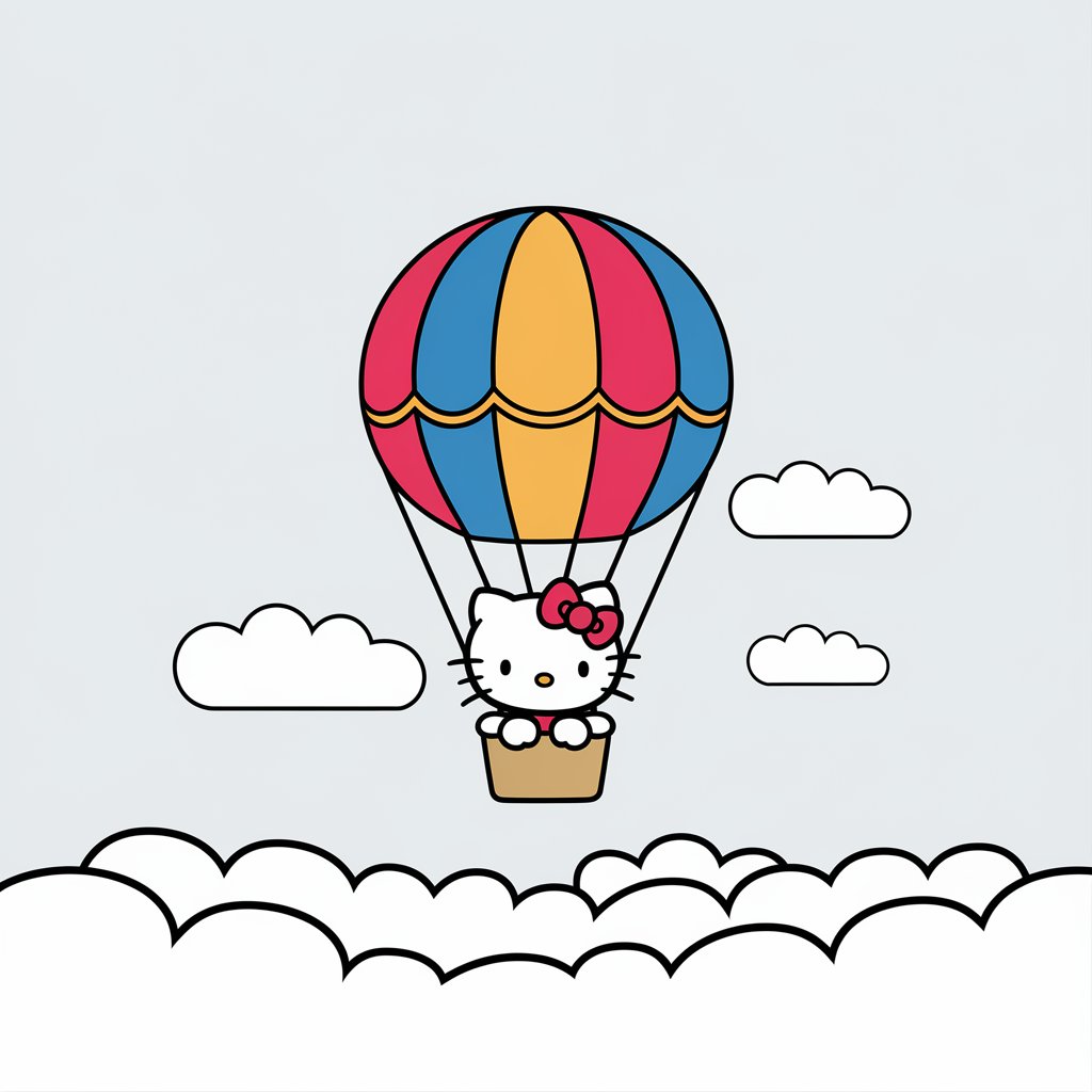 A minimalist, plain white background illustration of Hello Kitty in a colorful hot air balloon. She is drawn in a simplistic style, floating above clouds and hills below, capturing a dreamy and adventurous mood.