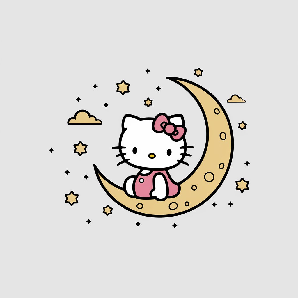 A minimalist, plain white background illustration of Hello Kitty sitting on a crescent moon. Drawn in a simplistic style, Hello Kitty is wearing a pink dress and a white bow. The crescent moon has a few craters. Surrounding Hello Kitty and the moon are twinkling stars and soft clouds, evoking a dreamy nighttime feel.