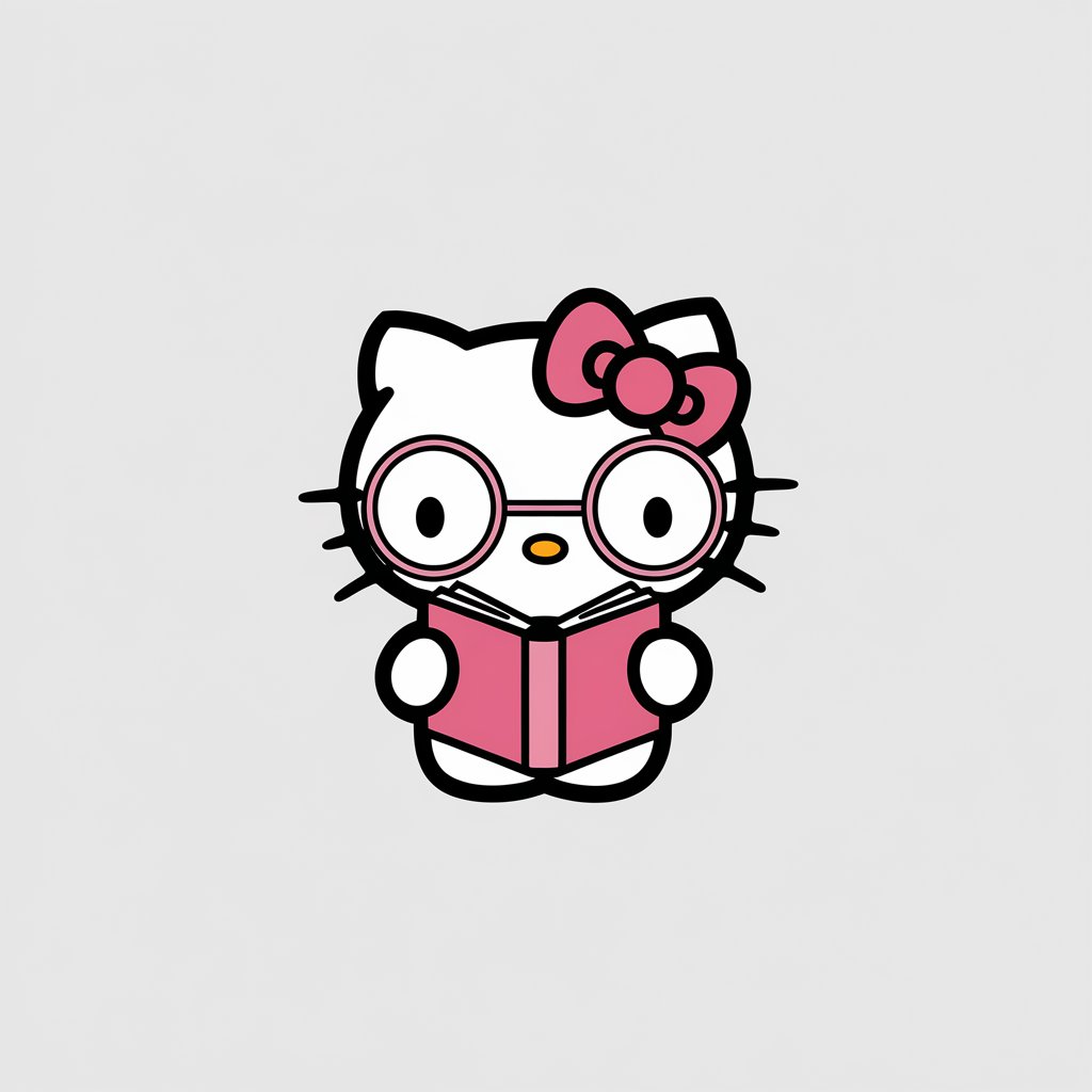 A minimalist illustration of Hello Kitty wearing oversized round glasses and holding a small book. She has a gentle smile and is drawn in a simplistic style. The background is plain white.