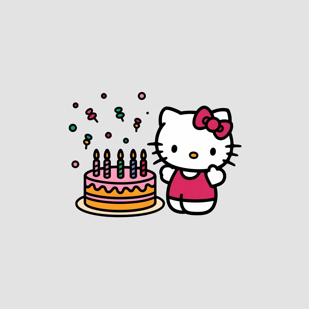 A minimalist illustration of Hello Kitty standing beside a round birthday cake on a plain white background. Hello Kitty is joyfully clapping her hands. The birthday cake is adorned with lit candles and frosting details. The festive scene is drawn in a simplistic style and includes confetti and other celebratory decorations, enhancing the atmosphere of celebration.