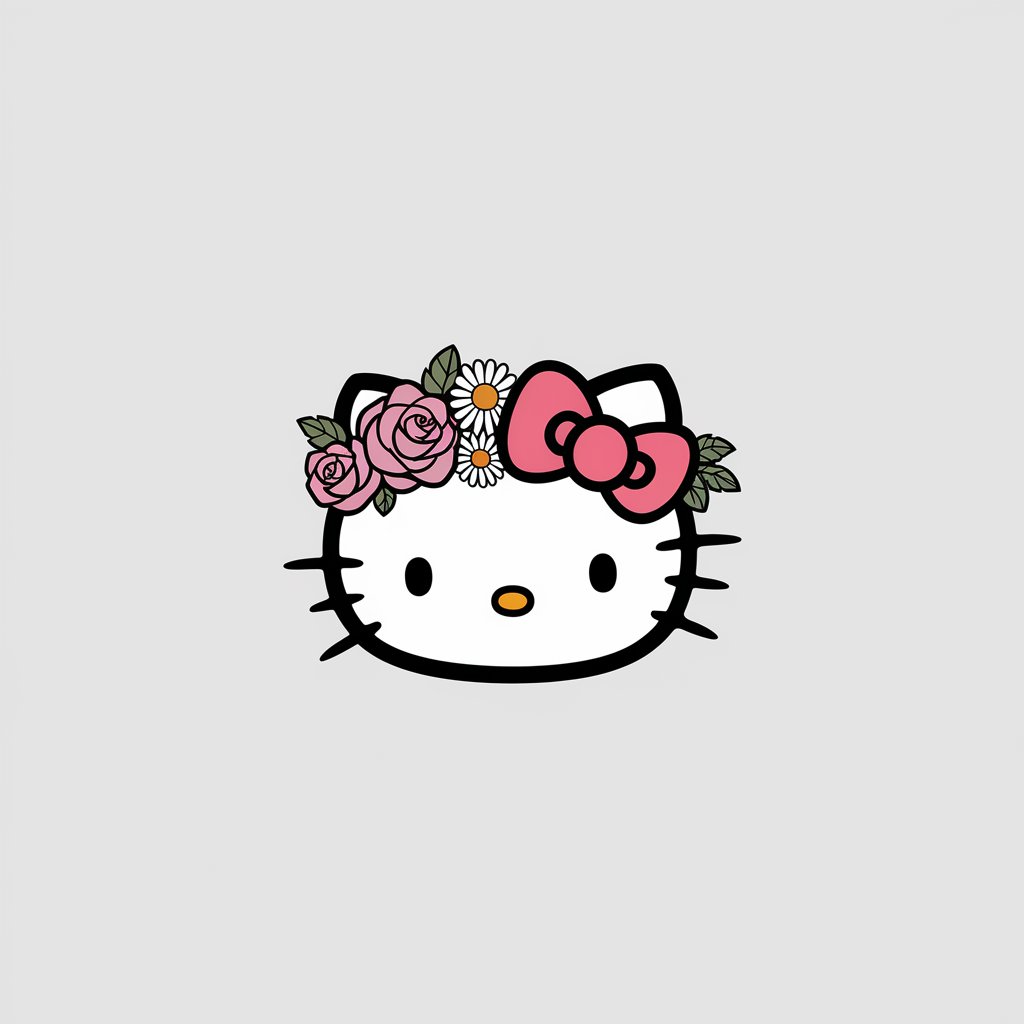 A minimalist, plain white background illustration of Hello Kitty wearing a vibrant flower crown. The flowers include roses and daisies in soft pastel shades, complementing her bow. Drawn in a simplistic style, the floral details bring a natural and joyful feel to the composition.