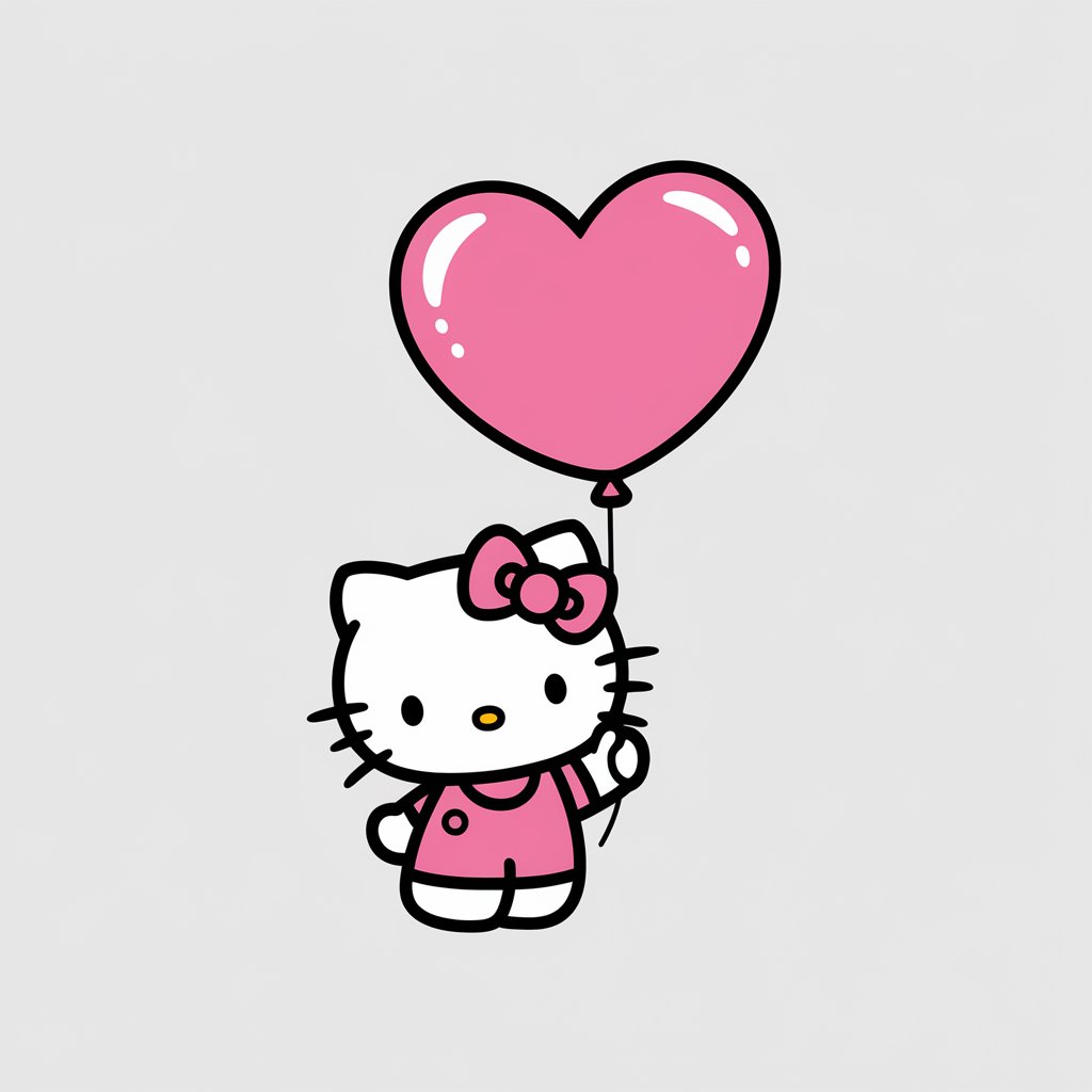 A minimalist, plain white background illustration of Hello Kitty holding a single heart-shaped balloon. The balloon is slightly larger than her, and Hello Kitty is smiling with one hand on her hip. Drawn in a simplistic style, the design captures a romantic and happy atmosphere.