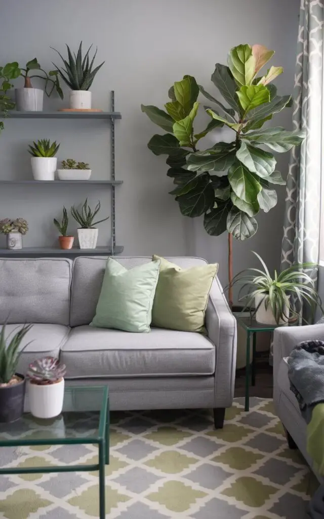 A photo of a gray and green living room with a few vibrant indoor plants. There is a gray sofa in the center, styled with green and gray throw pillows. A large fiddle-leaf fig plant is placed in the corner, adding height. Smaller succulents are placed on the coffee table and shelves. A gray and green patterned area rug is placed on the floor, tying the space together. The room has a cozy and relaxing atmosphere.