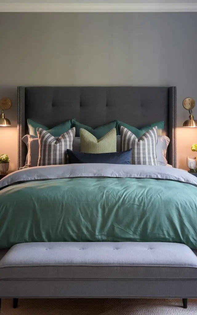 A photo of a gray and green bedroom with a cozy bed. The bed has a deep green duvet, soft gray sheets, and a combination of patterned and solid pillows in complementary tones. The bed is framed by a charcoal gray upholstered headboard. Soft lighting from brass bedside lamps illuminates the space. A gray bench sits at the foot of the bed. The walls are painted a neutral gray, allowing the vibrant green accents to pop.