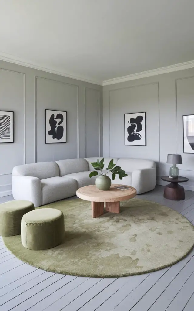 A minimalist stylish gray and green living room with a large soft green area rug layered over light gray flooring. A very cozy gray sectional sofa sits atop the rugs, accompanied by a pair of green ottomans for added seating. The space features light gray walls decorated with black-and-white artwork. A round, wooden coffee table with a distressed finish anchors the setup, styled with a green potted plant and a gray table lamp.