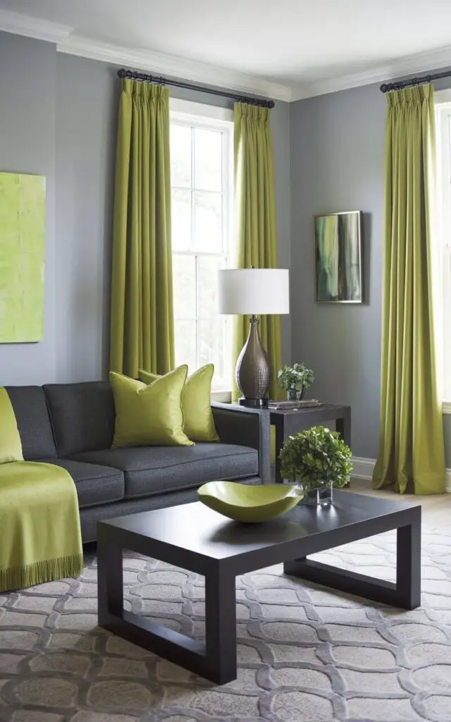 A photo of a living room with a bold gray and green color scheme. There is a dark gray sofa with lime green cushions and a matching throw blanket. The sofa is placed near a contemporary black coffee table, which is styled with a lime green bowl and a small plant. The room has light gray walls and a patterned area rug. The walls have a lime green curtain. The room has a lamp and a painting on the wall.