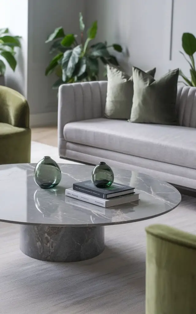 A photo of a contemporary gray and green living room with a stunning gray marble coffee table at its center. The table is styled with a small green glass vase and a stack of decorative books. A very cozy gray sofa anchors the seating area, adorned with muted green throw pillows. The space also features a green velvet armchair for added seating. Light gray walls and a neutral rug allow the marble's texture to stand out, while potted plants provide natural color.