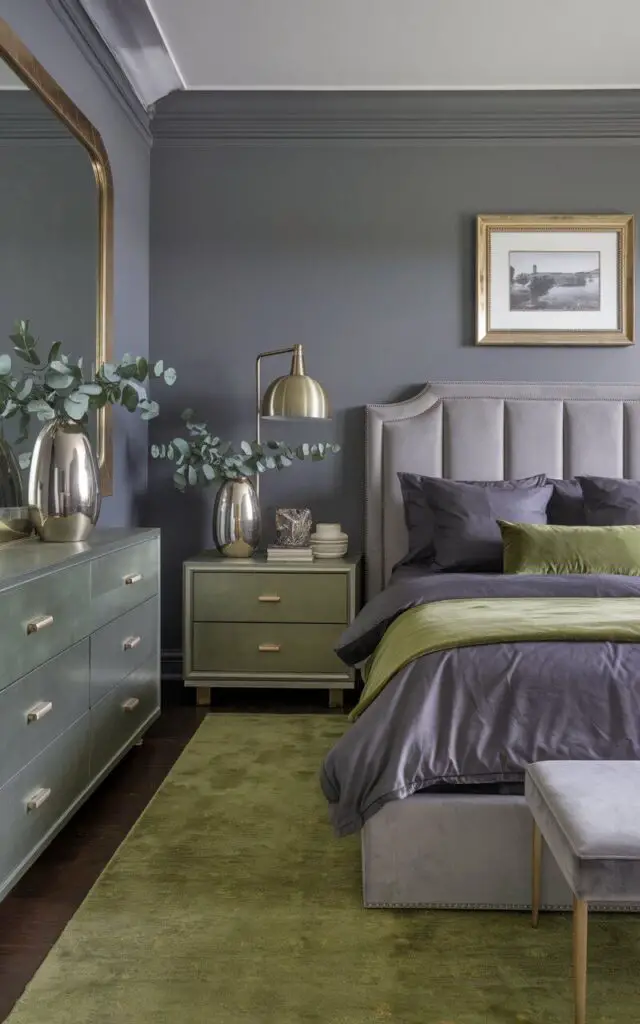 A photo of a gray and green bedroom with metallic accents. The room has a gray wall, a green area rug, a gray and green upholstered headboard, a brass lamp, a gold picture frame, and silver drawer pulls. The bed is made with charcoal gray bedding and a green velvet throw pillow. The nightstands have metallic vases with eucalyptus sprigs. There is a large mirror with a gold frame above the dresser. The room has soft lighting.