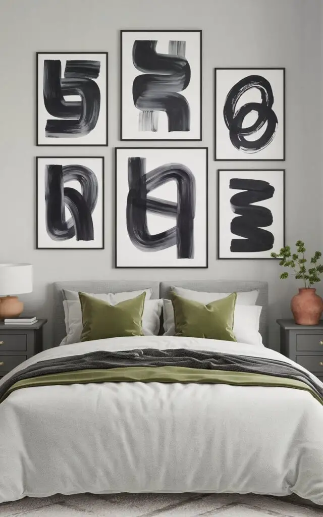 A photo of a gray and green bedroom with a collection of monochrome art pieces in black, white, and gray tones. The artwork hangs above a very cozy bed dressed in soft gray linens and olive green accent pillows. The walls are painted a neutral gray, creating the perfect backdrop for the minimalist art. Gray nightstands flank the bed, holding simple white lamps, while a green plant in a terracotta pot adds a touch of life and color to the room.