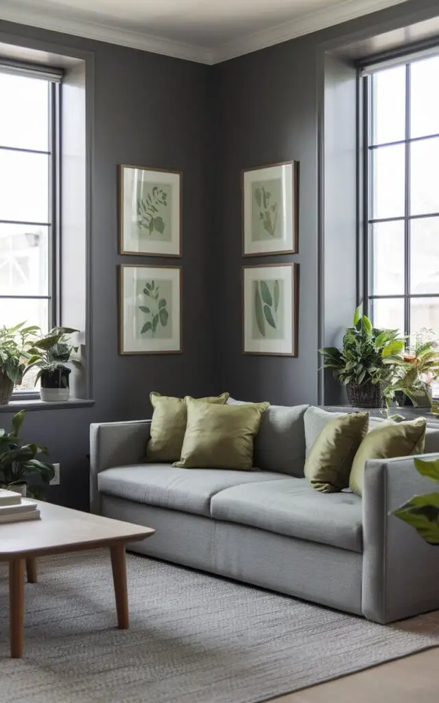 A photo of a modern, cozy living room with gray walls and olive green accents. There is a soft gray sofa with olive green throw pillows. The room has a textured gray area rug and a minimalist wooden coffee table. There are large windows letting in natural light. The walls have a few framed botanical prints in subtle green tones. The corners have lush small potted plants, adding vibrancy to the overall decor.