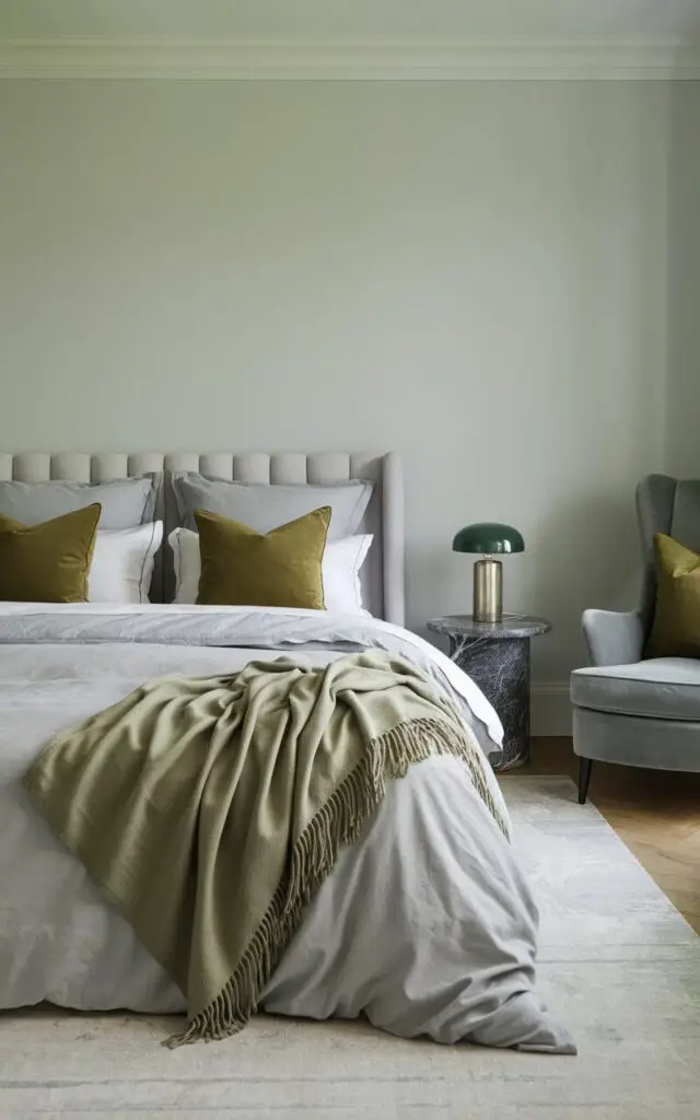 A serene gray and green bedroom with a cozy bed. The bed has an olive green throw blanket draped elegantly across the foot. The bed is layered with soft gray bedding and crisp white sheets. There are sage green pillows that add a pop of color. The walls are painted a soft dove gray. To the side, a gray upholstered armchair with a green velvet cushion sits beside a small marble-top side table holding a green lamp.