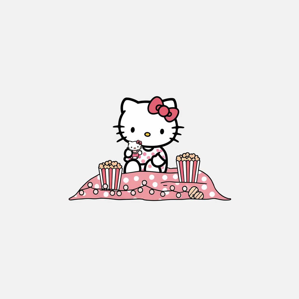 A minimalist illustration of Hello Kitty at a pajama party. She is wearing polka-dotted pajamas and holding a plush toy. She is sitting on a bed, surrounded by blankets, popcorn, and fairy lights. The background is plain white.