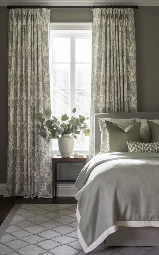 A photo of a gray and green bedroom with patterned curtains featuring botanical motifs. The curtains frame a large window, allowing filtered light to fill the room. A cozy bed is dressed in soft gray linens with sage green accent pillows, sitting against a neutral gray wall. A small wooden nightstand holds a white vase filled with eucalyptus stems, adding a natural touch. The gray area rug with a subtle geometric design ties the space together, while a green ceramic lamp adds warmth to the nightstand.