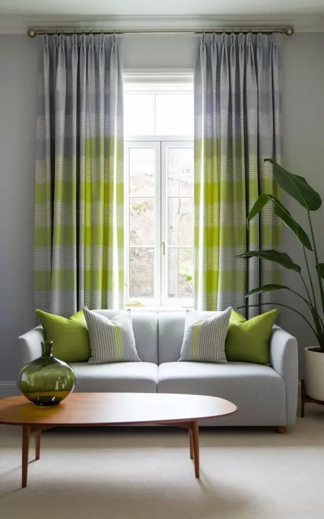 A serene gray and green living room with patterned curtains combining both colors in subtle stripes. The very cozy gray sofa sits beneath the window, styled with green and gray cushions in complementary patterns. A sleek wooden coffee table with a green glass vase adds warmth. The walls are light gray, creating an ideal canvas for the vibrant curtains. A large indoor plant in the corner completes the fresh, balanced look.