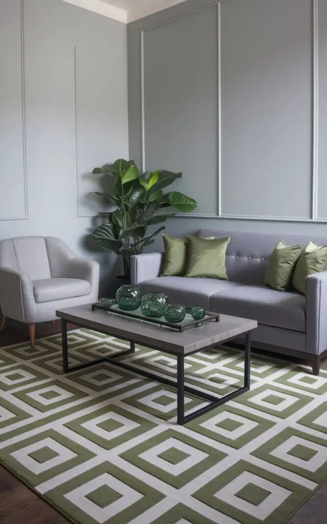 A photo of a small living room with a sophisticated design. The room has a gray and green color scheme. There is a large, two-toned rug with a geometric pattern in green and gray. The rug features a striking geometric pattern. A gray sofa sits on the rug, adorned with green throw pillows. A sleek wooden coffee table with a black metal frame is placed near the sofa. The table is styled with green glass decor. The walls are light gray. There is a green indoor plant and a stylish gray armchair in the room.