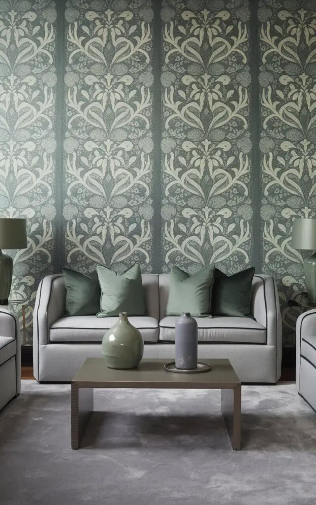 A photo of a sophisticated gray and green living room with patterned wallpaper featuring intricate botanical designs in shades of green and gray. The walls provide a stunning backdrop for a cozy light gray sofa, accessorized with green cushions. A sleek wooden coffee table holds a green ceramic vase and a gray candle. The flooring is covered with a soft gray rug, while a pair of green table lamps on side tables frame the seating area perfectly.