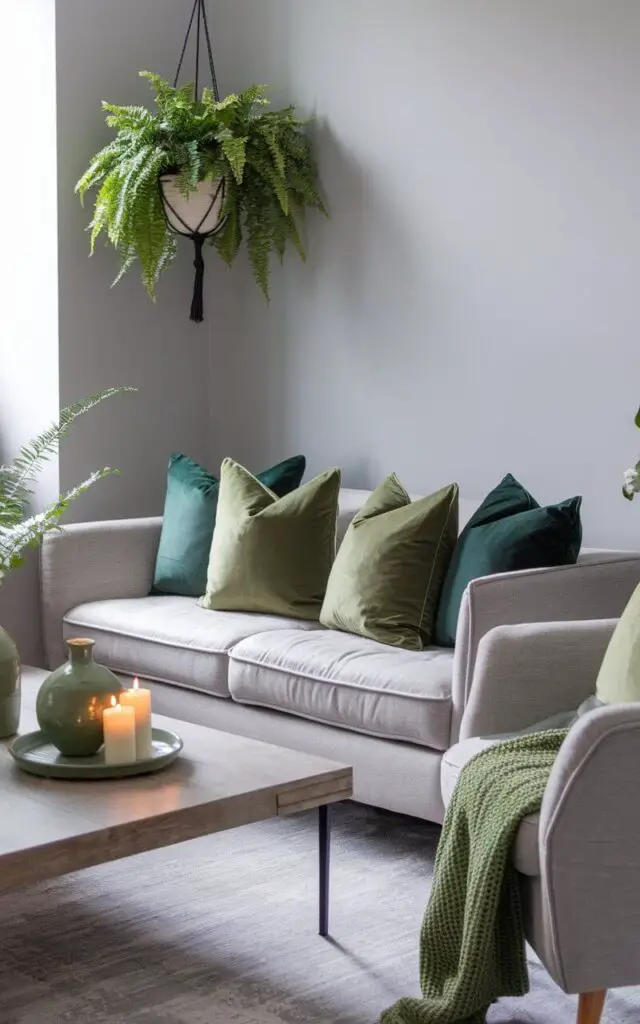 A photo of a modern gray and green living room with a cozy gray sofa. The sofa is accented by various green throw pillows in velvet and cotton textures. A matching gray armchair with a green knit throw sits nearby. The coffee table is wooden, holding a green ceramic vase and candles. Light gray walls serve as a neutral background. A hanging fern planter brings life to the corner.