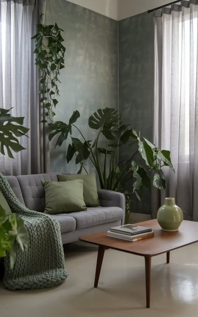 A photo of a gray and green living room with a textured gray wallpaper. There is a gray sofa with green cushions and a chunky knit throw. Green indoor plants, including a large monstera and hanging ivy, are placed around the room. A mid-century modern wooden coffee table is styled with a stack of books and a green ceramic vase. The room has sheer gray curtains that let in natural light, creating an airy and fresh atmosphere.