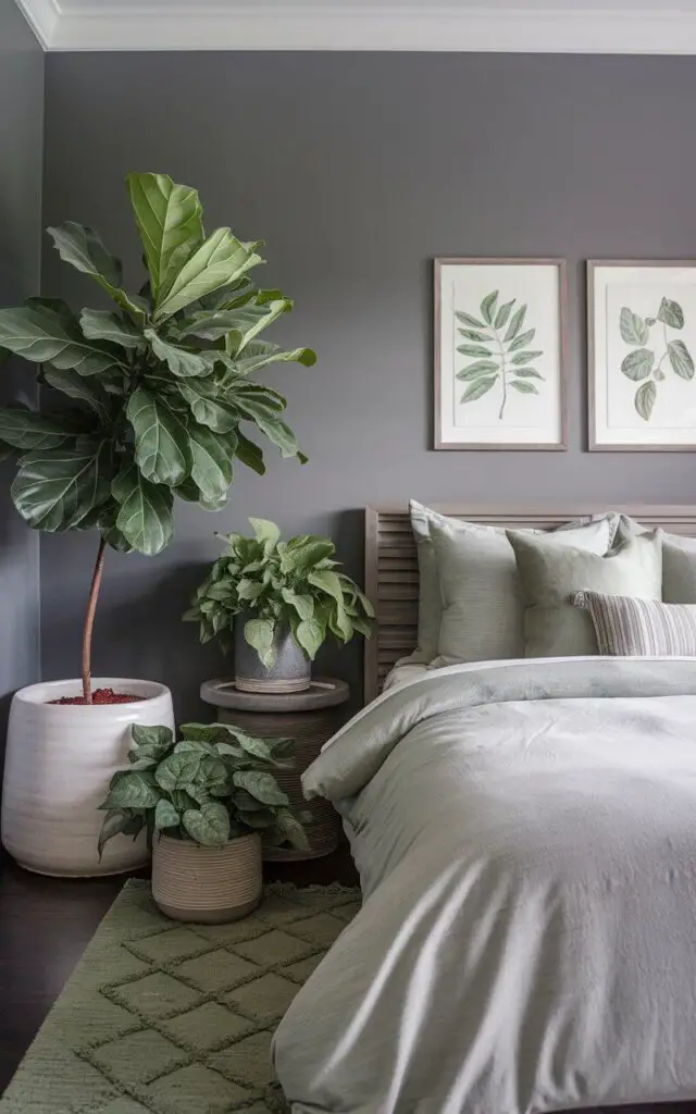 A photo of a gray and green bedroom with a fiddle leaf fig in a white ceramic planter and smaller potted plants scattered throughout the space. There is a cozy bed with soft gray bedding and sage green pillows, framed by a wooden headboard. The walls have botanical artwork. The gray walls are a neutral backdrop, while the lush plants bring an invigorating touch of nature into the room. The floor is adorned with a textured green area rug for added warmth.