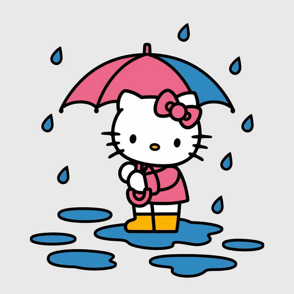 A minimalist illustration of Hello Kitty in a simplistic style, holding an umbrella and wearing a raincoat and boots. The background is a plain white background. There are puddles and raindrops, adding a cozy, cheerful touch. The overall image has a rainy day theme.