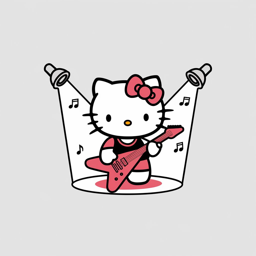 A minimalist illustration of Hello Kitty as a rockstar on a plain white background. She is drawn in a simplistic style, holding a guitar and standing on a stage with a spotlight and floating musical notes. The illustration captures her bold and confident vibe.