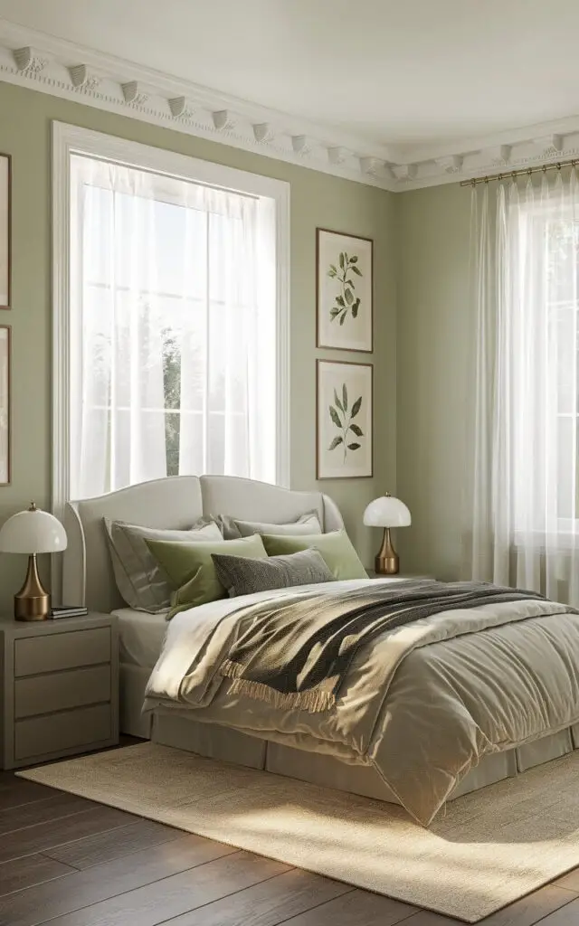 A serene bedroom with sage green walls, white crown moldings, and a cozy bed with layered gray and green bedding. The bed is placed against the wall and flanked by two modern gray nightstands with brass table lamps. The room is softly lit by natural sunlight streaming through sheer white curtains. A beige area rug is placed under the bed. Framed botanical prints hang on the walls, adding to the nature-inspired aesthetic.