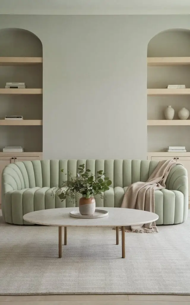 A serene living room with a sage green sofa as the central piece. The sofa is exceptionally cozy and upholstered in a plush fabric. The room has light gray walls and a matching gray rug and neutral throw. A marble coffee table with brass legs sits in the center, styled with a vase of fresh greenery. Behind the sofa, light-colored wooden shelves hold books and gray ceramic vases, adding depth to the serene ambiance.