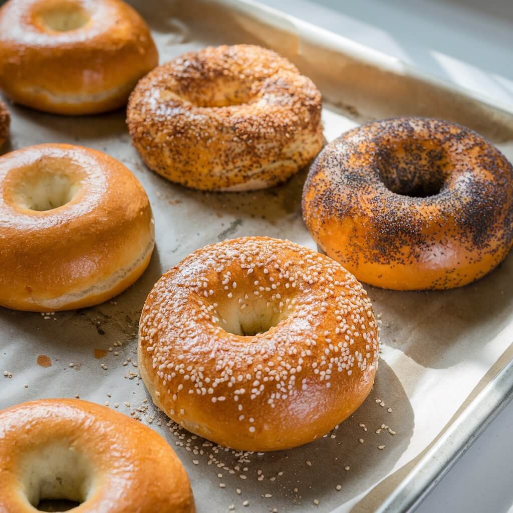 A photo of a close-up view of freshly baked sourdough bagels on a parchment-lined baking sheet. The bagels are golden brown with a shiny, glossy finish. Some bagels are topped with white sesame seeds, while others have a mix of sesame, poppy seeds, and other seasonings, giving them the look of an "everything bagel." The seeds are spread unevenly, adding a rustic, homemade touch. Some loose seeds are scattered on the parchment paper. Bright natural light shines down, making the tray and its contents stand out against the white countertop.