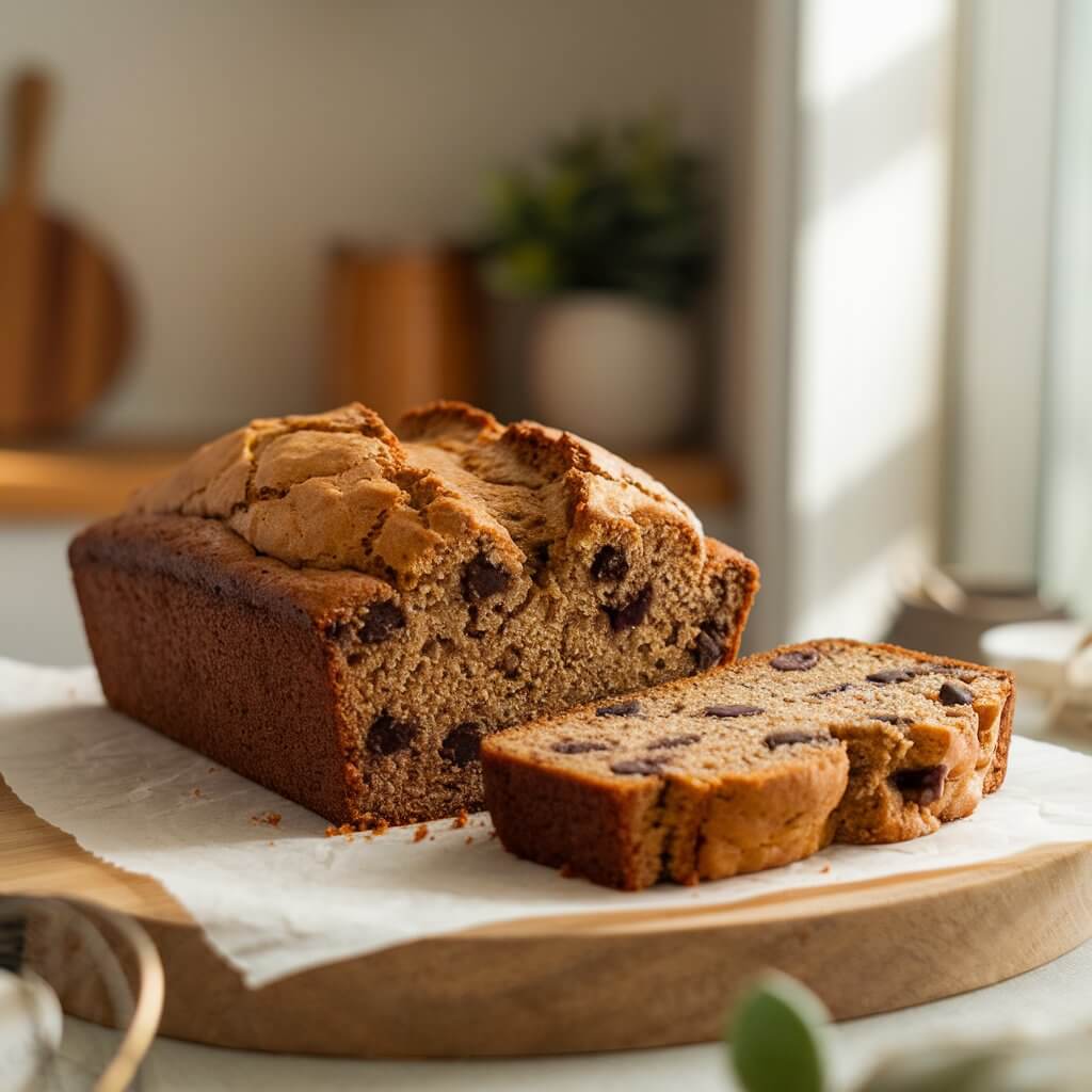 A warm and inviting scene with a loaf of sourdough discard banana bread on a wooden cutting board. The bread has a crackled top and is perfectly golden brown. There is a slice of the bread cut, revealing a moist, rich interior dotted with melted chocolate chips. The background is a cozy kitchen with a few utensils and a small plant. The lighting is soft and natural, casting gentle shadows.