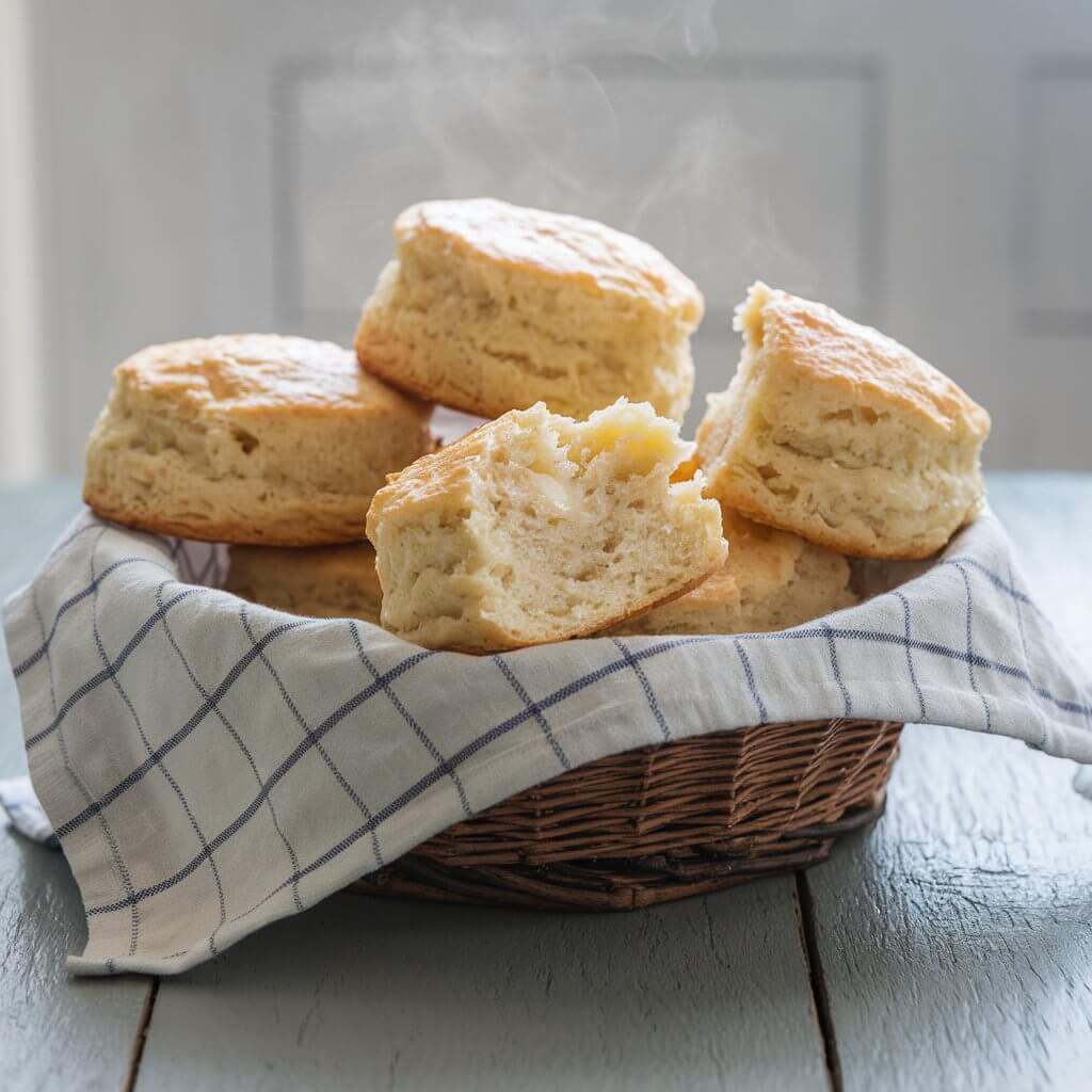 A rustic basket lined with a checkered cloth holds flaky sourdough discard biscuits. The biscuits have a golden top and are glistening with a light brush of butter. One biscuit is split open, revealing a steaming, airy interior. The scene is set against a farmhouse-style grey wooden tabletop, evoking a classic Southern aesthetic. The atmosphere is bright, bathed in natural light.