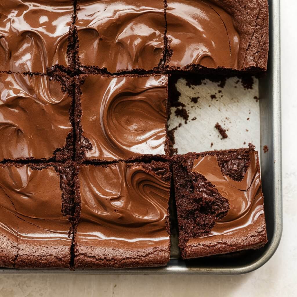 A photo of a tray of sourdough discard brownies with glossy tops, slightly cracked. One brownie is cut open, revealing a dense, fudgy interior with visible swirls of melted chocolate, emphasizing its indulgent appeal. The tray is placed on a white countertop.