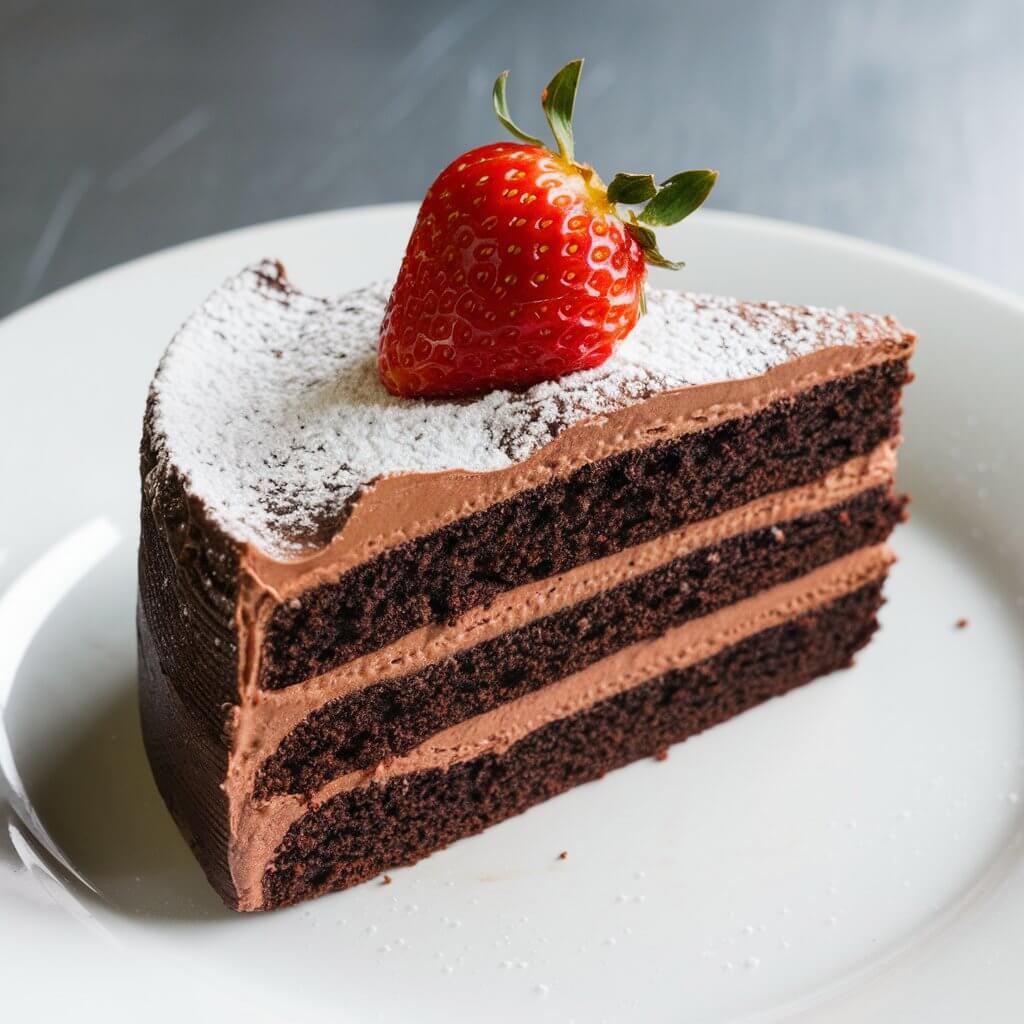 A photo of a slice of sourdough discard chocolate cake on a white dessert plate. The cake has a rich, dark texture and is layered with creamy chocolate frosting. The top of the cake is decorated with powdered sugar and a fresh strawberry. The background is clean and simple.