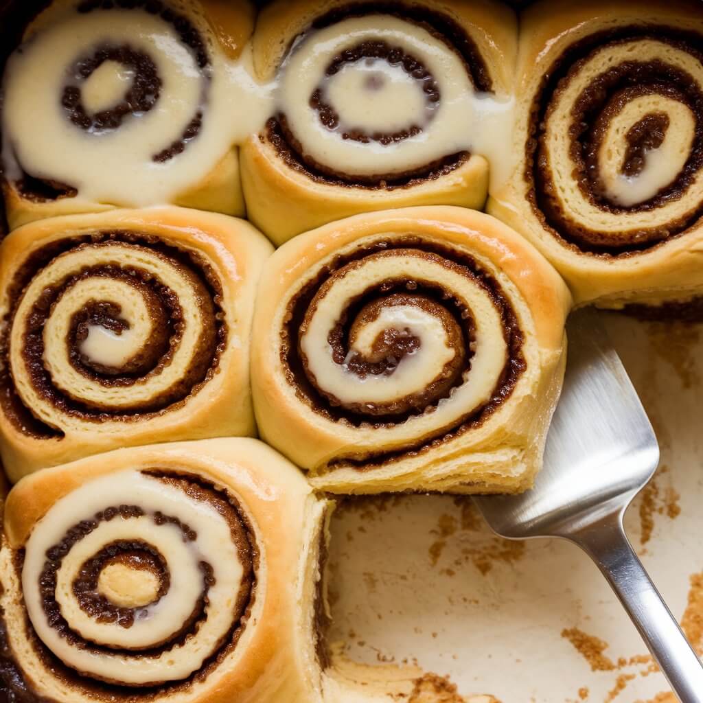 A close-up photo of golden-brown sourdough discard cinnamon rolls in a baking dish. The rolls have a spiral pattern and are glistening with a gooey cinnamon-sugar filling. Thick cream cheese frosting is generously spread over the top, with some of it dripping down the sides of the rolls. A silver spatula is resting in the empty space where a piece has been removed, revealing the tender, flaky layers inside. The background is warm and inviting.