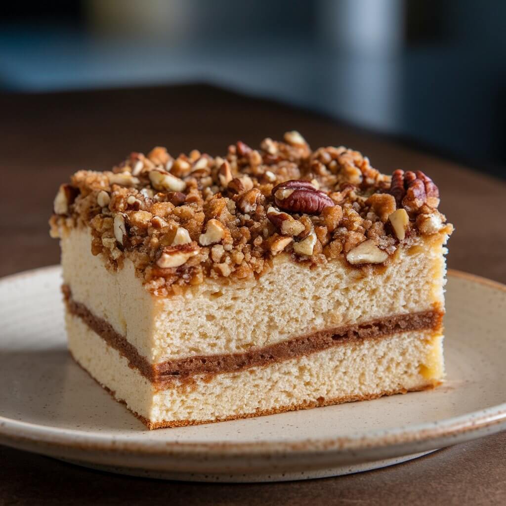 A photo of a single square slice of coffee cake on a light beige ceramic plate. The coffee cake has a dense yet soft texture. The base is a pale, moist crumb that appears fluffy and rich. A cinnamon-brown sugar ribbon runs horizontally through the middle, adding a layer of sweetness and flavor. The top of the cake features a generous crumble topping made of golden-brown sugar, butter, and chopped pecans, providing a crunchy contrast to the soft base. The crumble topping is uneven and slightly chunky, adding a rustic, homemade look. The lighting highlights the textures and colors, emphasizing the moistness of the crumb and the crispiness of the topping. In the background, there is a blurred dark brown surface and an out-of-focus hint of a modern kitchen, which subtly sets the scene without detracting from the main focus: the coffee cake. A fork rests on the right side of the plate, partially visible and adding