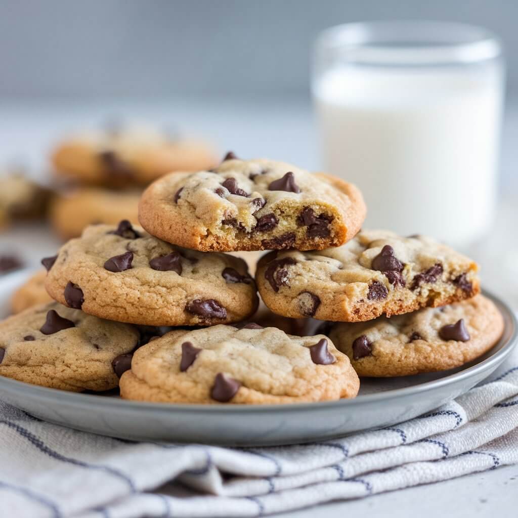 A close-up shot of a plate filled with soft and chunky chocolate chip cookies stacked in an inviting tower. The cookies are golden brown, with tiny specks of melted chocolate chips visible through the cookie dough, hinting at their chewy texture and rich, homemade flavor. In the background, slightly blurred, is a clear glass of milk, perfectly complementing the cookies and enhancing the cozy, comforting atmosphere of the image. The plate rests on a light-colored striped cloth, and the neutral tones of the setup keep the focus on the cookies. These cookies are ideal for enjoying as a snack, dessert, or alongside a warm drink, evoking memories of freshly baked treats shared at home.