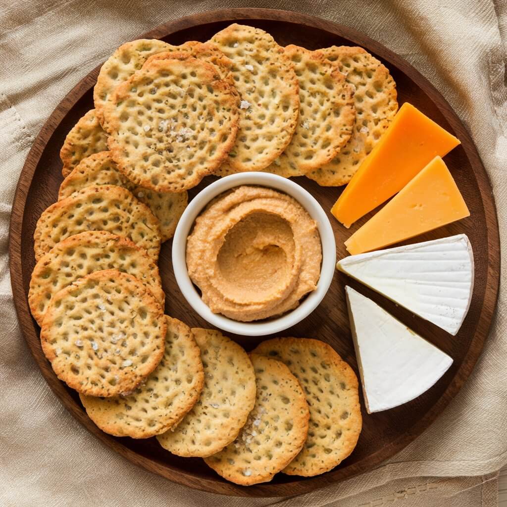 A wooden serving tray with a spread of golden-brown sourdough discard crackers. The crackers have a rustic, irregular shape with visible flecks of herbs and a light sprinkle of coarse sea salt. In the center of the tray is a small bowl of creamy hummus. Alongside the hummus are wedges of sharp cheddar and soft brie. The tray is placed on a beige cloth.