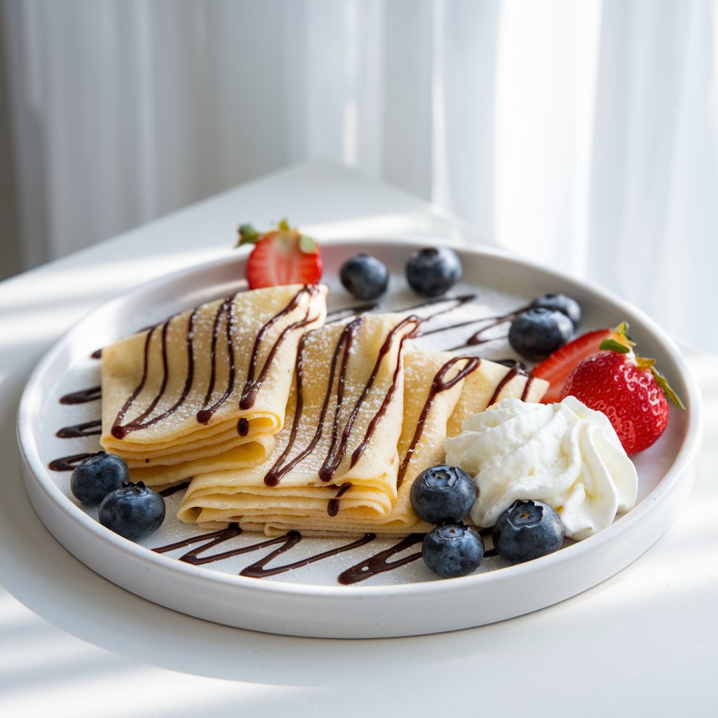 A photo of a white ceramic plate with golden sourdough discard crepes. The crepes are folded neatly into quarters and lightly sprinkled with powdered sugar. Beside the crepes, there are fresh blueberries, strawberries, and a dollop of whipped cream. A drizzle of chocolate sauce adds a sweet finishing touch. The plate sits on a bright white table, bathed in natural light, with a soft, blurry white background.