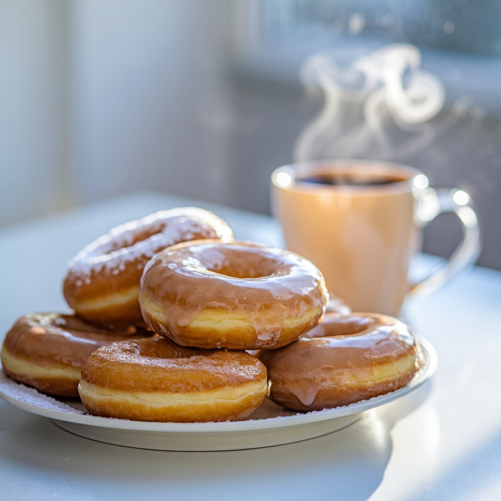 A plate of sourdough discard doughnuts sits on a bright white table, glowing in natural light. The doughnuts have golden, shiny crusts coated with a glossy glaze. Some are dusted with powdered sugar. In the background, a steaming mug of coffee adds to the cozy scene, creating the perfect doughnut moment. The soft, blurry white background keeps the focus on the delicious treats.