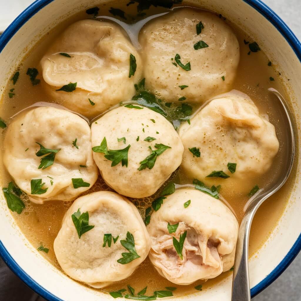 A photo of a steaming ceramic bowl of chicken soup topped with fluffy sourdough discard dumplings. The dumplings are golden and puffed up, floating on the broth. There are sprigs of chopped parsley scattered on top for garnish. A spoon rests in the bowl, hinting at the comforting first bite.