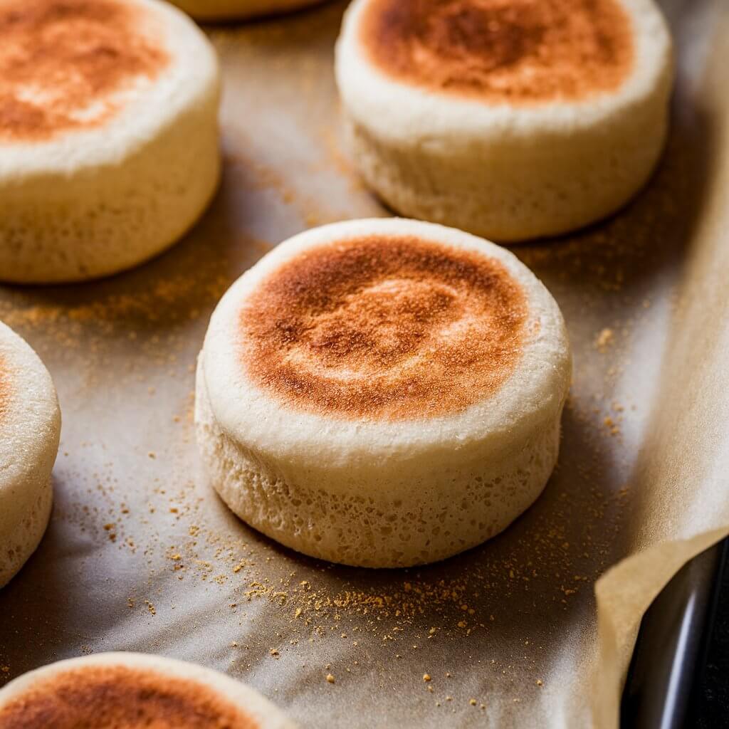 A close-up view of freshly baked sourdough English muffins resting on a parchment-lined baking sheet. The muffins are round with a smooth, pale golden exterior, and each features a lightly browned, toasted top that displays a slightly uneven texture. A light dusting of cornmeal coats the bottoms and sides of the muffins, adding a rustic touch. The parchment paper below has scattered traces of cornmeal, enhancing the homemade appearance. The background subtly reveals the edge of a metallic baking tray, complementing the warm tones of the muffins and their inviting, freshly baked aesthetic. The muffins have a smooth texture throughout, with no rough patches.