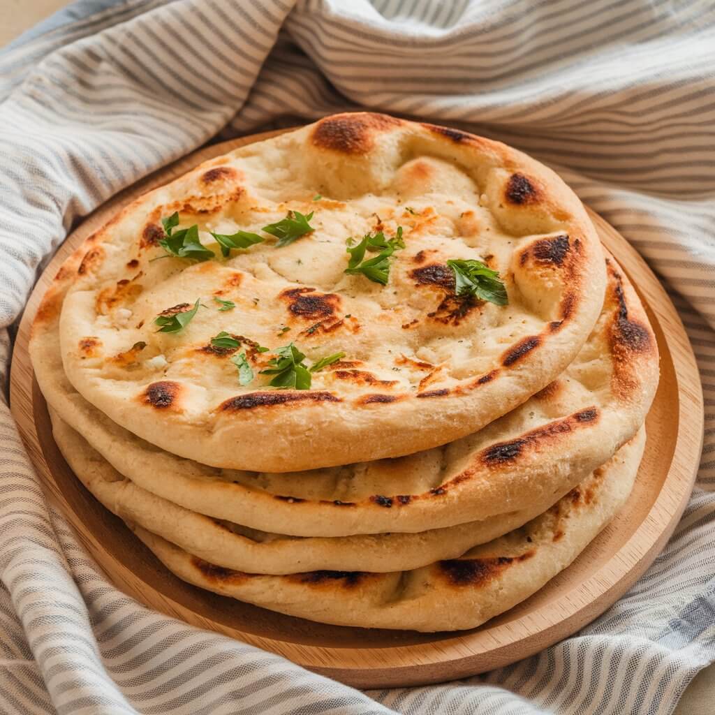 A photo of a stack of freshly made sourdough flatbreads on a light, striped kitchen towel draped over a wooden plate. The flatbreads are golden brown with appetizing charred spots. They are slightly irregular in shape, emphasizing their homemade authenticity. The flatbreads are garnished with freshly chopped parsley, which contrasts beautifully against the warm beige of the bread, adding a hint of freshness.