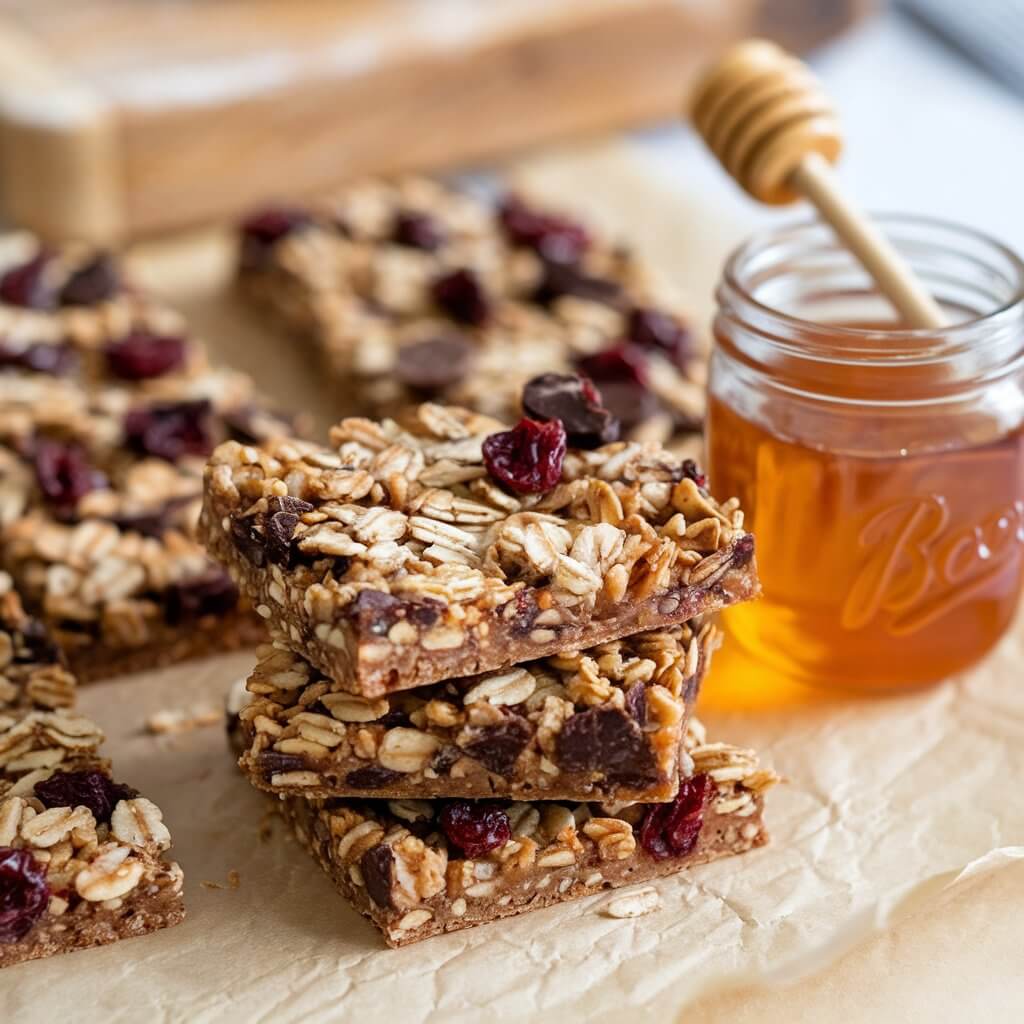 A photo of sourdough discard granola bars stacked on parchment paper. The bars have crisp edges and are dotted with oats, dried cranberries, and chocolate chunks. A blurry small mason jar of honey with a dipper leans nearby. The background includes a wooden cutting board.