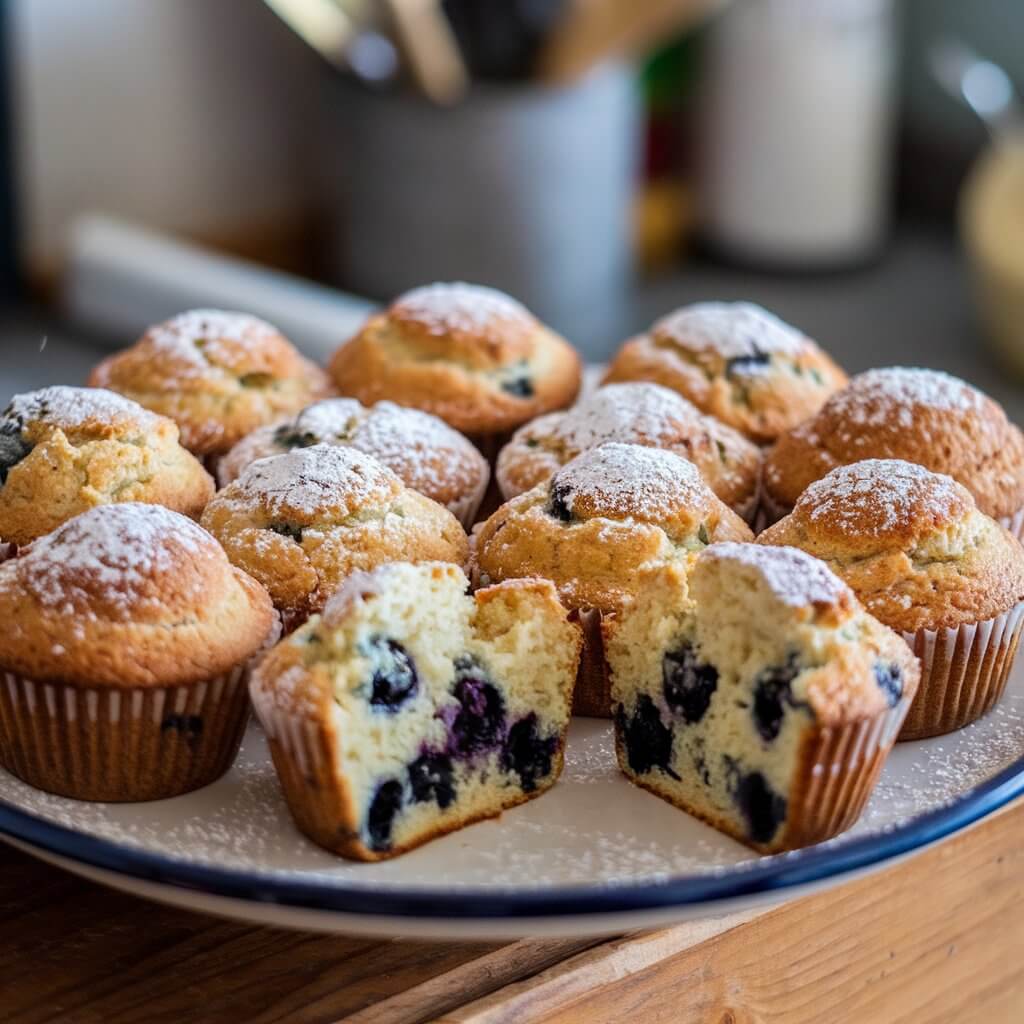 A photo of a ceramic plate with a dozen sourdough discard muffins. The muffins have golden domed tops and are dusted with powdered sugar. The powdered sugar adds a delicate crunch to the muffins. Some muffins are split open, revealing their moist and fluffy interiors. The interiors contain visible cooked blueberries. The muffins are arranged in a circle. The plate is placed on a wooden surface. The background is blurred, showing a kitchen with utensils and ingredients.