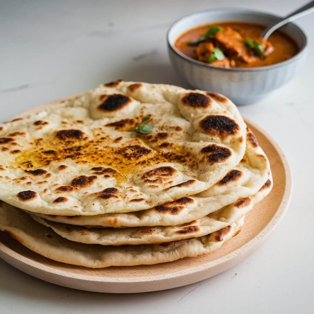 A photo of a stack of freshly made sourdough naans on a light wooden plate. The naans are golden brown with appetizing charred spots, slightly irregular in shape, emphasizing their homemade authenticity. They are brushed with fresh garlic butter, which contrasts beautifully with the warm beige of the bread, adding a hint of freshness. To the side, a bowl of curry sits with a spoon dipped in, complementing the scene. The charred spots on the naan highlight their freshly cooked appeal. Everything is placed on a white kitchen countertop.