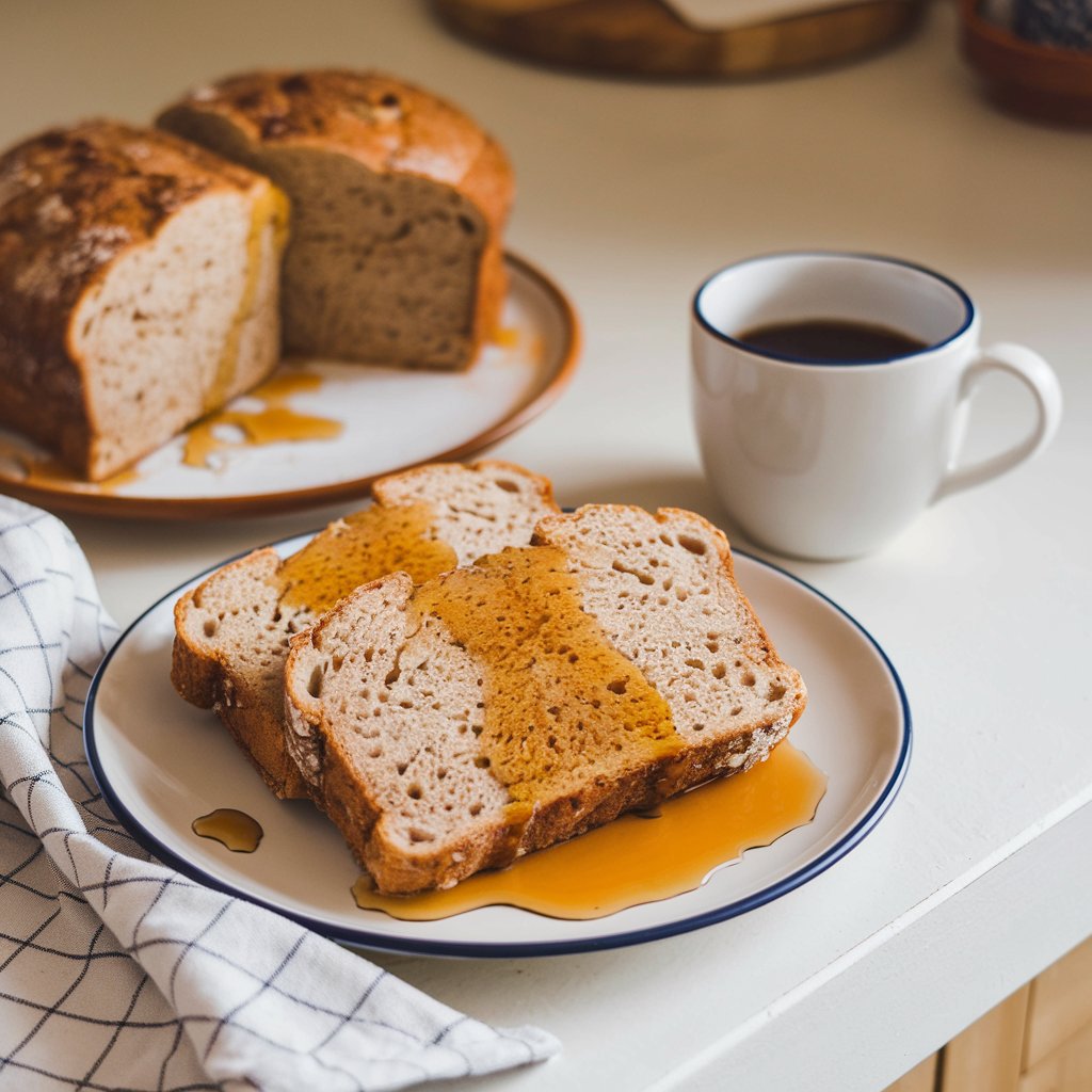 A photo of a white kitchen countertop with a cozy breakfast setup. There are slices of sourdough discard pancake bread on a plate. The bread has a soft and airy texture. There is a drizzle of maple syrup on the plate, creating a pool that contrasts with the bread. A cup of coffee is placed next to the plate. A checkered napkin is placed on the countertop. The background is a blurry view of a warm and inviting kitchen scene.