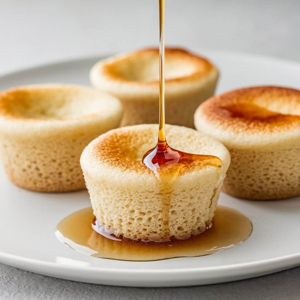 A close-up view of three small, fluffy muffins on a white plate, glistening with a generous drizzle of syrup. The syrup pools slightly at the base of each muffin, highlighting their moist texture and golden-brown color. The muffins have a light, airy appearance, with soft, rounded tops that look freshly baked. The minimalist background and neutral tones emphasize the muffins, making them the star of this tempting and cozy culinary image.