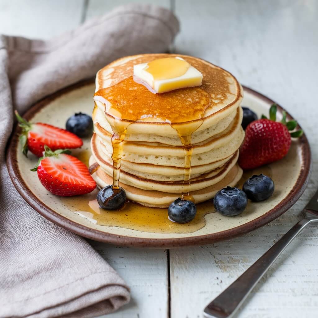 A photo of a stack of fluffy sourdough discard pancakes on a rustic ceramic plate, with a side of fresh blueberries and sliced strawberries. The pancakes are topped with a generous pat of melting butter and drizzled with amber maple syrup that pools on the plate. A fork is placed beside the plate. A linen napkin is placed nearby on a white wooden breakfast table.