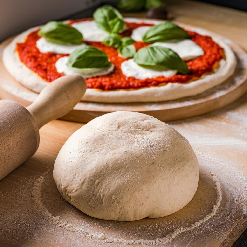 A photo of a raw sourdough discard pizza dough ball on a wooden board next to a rolling pin. The dough ball is dusted lightly with flour. In the background, there is a partially topped pizza with tomato sauce, fresh basil leaves, and mozzarella. The pizza is ready for the oven. The faint bubbles and soft texture of the dough highlight its airy and chewy potential. A flour-dusted countertop and a hint of olive oil glisten nearby, signaling fresh pizza preparation.